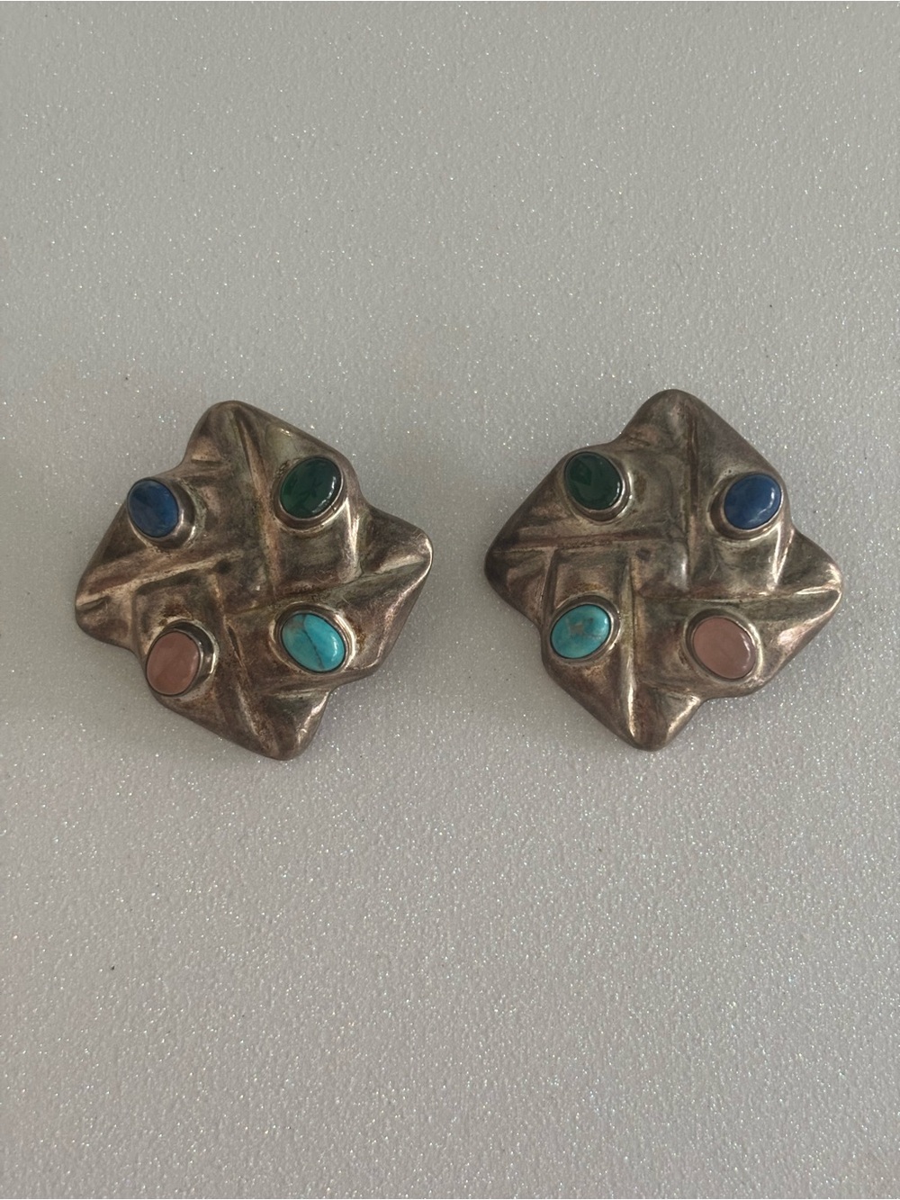 Vintage Quilted Taxco Sterling and Multi-Stone Clip Earrings TL-67